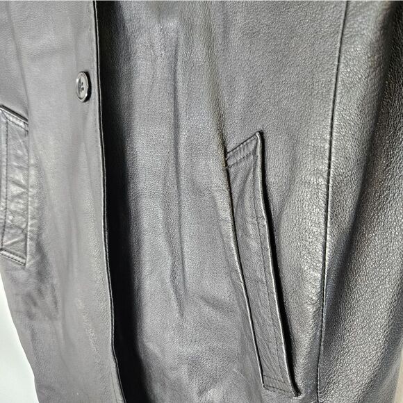 Vintage Black Leather Long Line Midi Length Button Front Duster Jacket Coat S - Picture 9 of 13